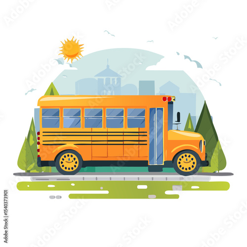 Yellow school bus illustration driving in city landscape under sunshine during daytime for back to school concept and education theme