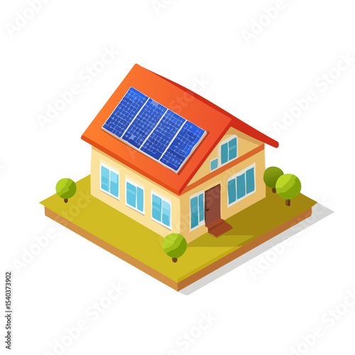Isometric house with solar panels on roof energy efficiency sustainable living green energy eco friendly housing future concept