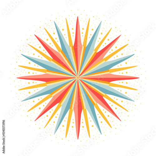 Colorful Radial Starburst Design on Black Background, Sharp Prongs and Speckled Pattern