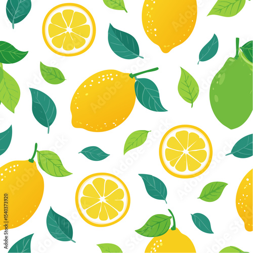 Vibrant Lemon and Lime Repeat Pattern Yellow Citrus Fruit with Green Leaves on Black Background Seamless Design