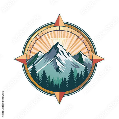 Mountains and Forest Landscape within Compass Graphic Adventure and Exploration Scene Vector Isolated on Black Backdrop Perfect for Travel