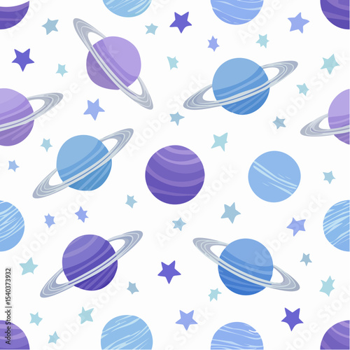 Seamless Pattern Featuring Cartoon Planets and Stars in Pastel Blue and Purple Hues on a White Background