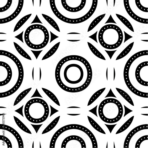 Abstract geometric pattern featuring white dotted circles and arcs on a black background seamless design