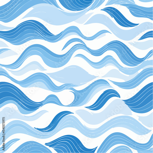 Seamless Pattern with Blue Ocean Waves, Nautical Theme, Hand Drawn Vector