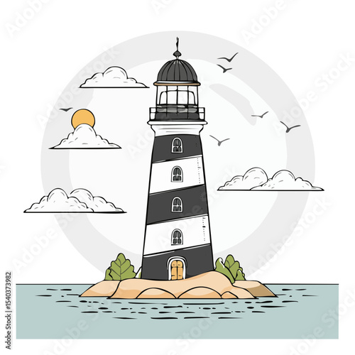 Coastal Lighthouse Illustration with Ocean, Island, Birds and Clouds Against a Full Moon Backdrop