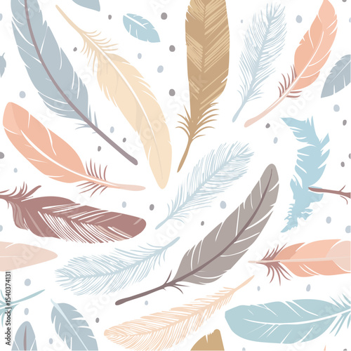 Seamless Pattern with Soft Feathers and Dots on Black Background in Neutral Pastel Colors