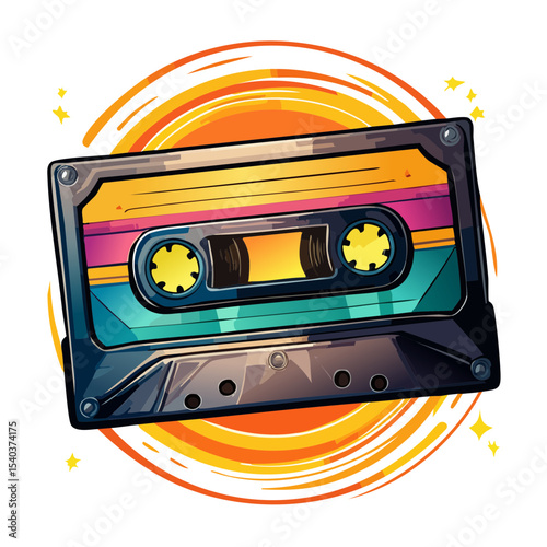 Retro Cassette Tape Illustration with Abstract Background and Bright Colors