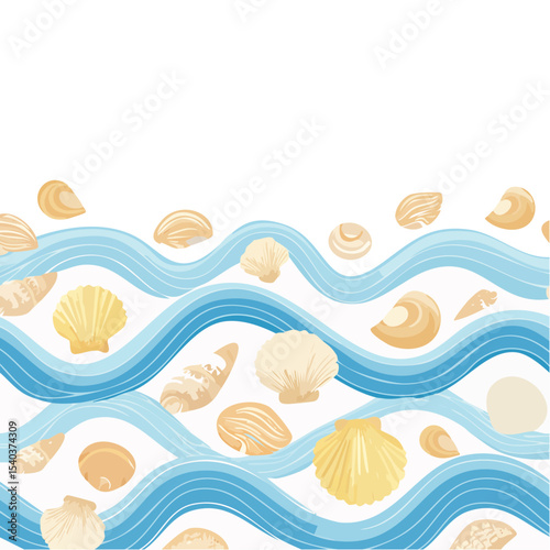 Seashells and Waves Pattern, Summer Beach Graphic Elements, Seaside Treasures Illustration