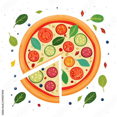 Illustrative Pizza with Fresh Toppings Slice Removed on Black Background