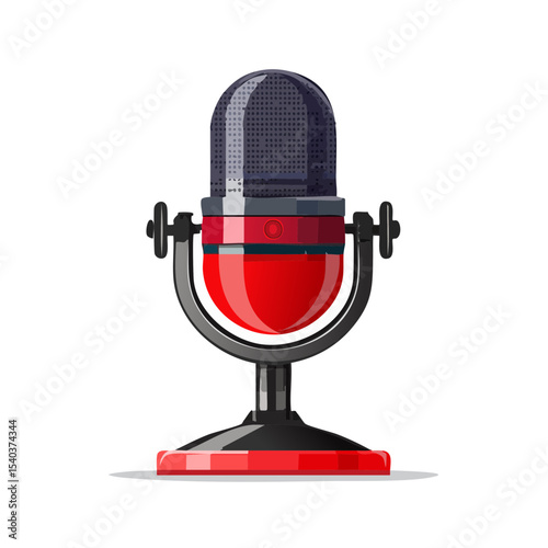 Retro Microphone Illustration, Isolated on Black Background, Red Accents and Shiny Chrome