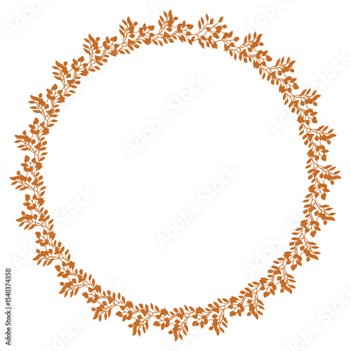 Elegant vector round frame with a continuous pattern of stylized terracotta-colored leaves, perfect for autumnal designs and invitations.