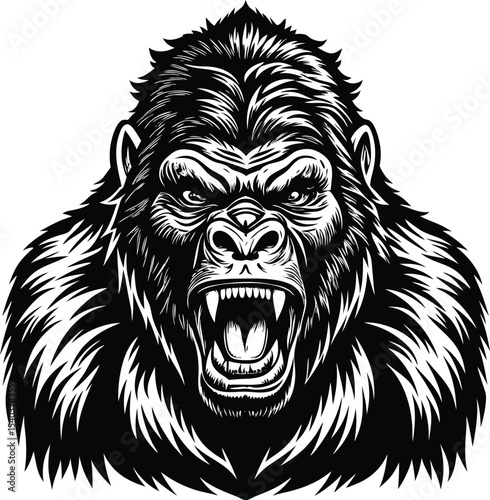 Powerful Gorilla Head Illustration Fierce Animal Portrait in Black and White
