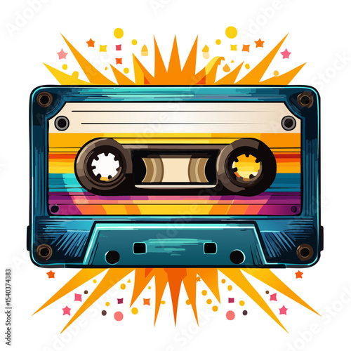 Retro Audio Cassette Tape with Burst Graphic on a Black Background, Vintage Music Style, Colorful Design