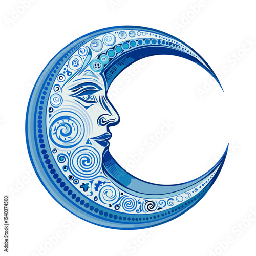 Blue Crescent Moon with Face Ornamentation - Celestial Body Mystical Art