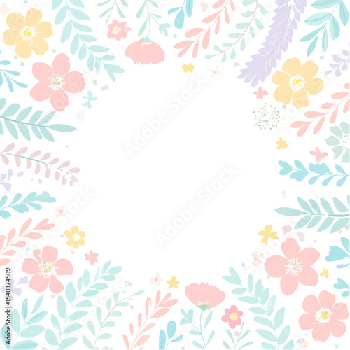 Pastel Floral Frame with Black Background, Delicate Flowers and Leaves Design