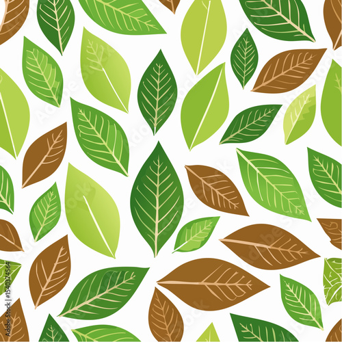Seamless pattern of stylized leaves in green and brown tones on white backdrop nature inspired design for fabric print and backgrounds