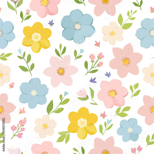 Floral seamless pattern with colorful blossoms and green leaves on black background illustration for textile fashion print, gift wrap wallpaper