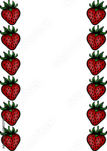 A delightful vector illustration featuring a white background elegantly framed by two vertical rows of meticulously detailed strawberries, each berry showcasing a vibrant red hue and lush green lea...