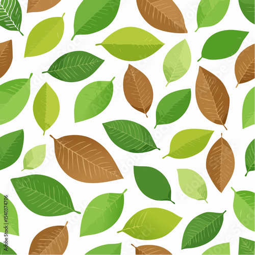 Seamless pattern of green and brown leaves on white background vector illustration for fabric designs or wall art for nature lovers