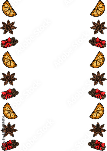Festive Vector Border Design Featuring Orange Slices, Star Anise, and Cinnamon Sticks Tied with Red Bows, Perfect for Holiday Invitations or Cards.