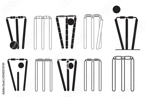 Cricket Wicket Illustrations Black and White Set:  Perfect for Sports Websites, Games, or Graphic Designs.Cricket Equipment Icons Bat, Wicket, Pads, and Balls 