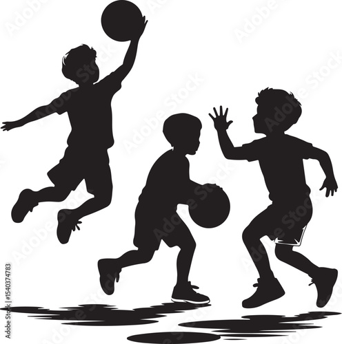 Vector Silhouette of Children Playing Basketball — Shooting, Jumping to Block, and Dribbling — Energetic Black Shapes on White Background
