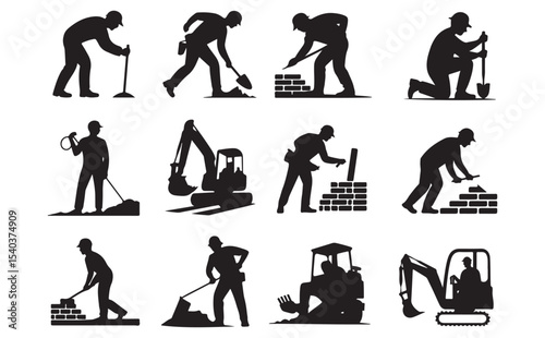 Construction Worker Silhouettes Diverse Tradesmen Icons Set Building Industry.Set of working people silhouettes 
