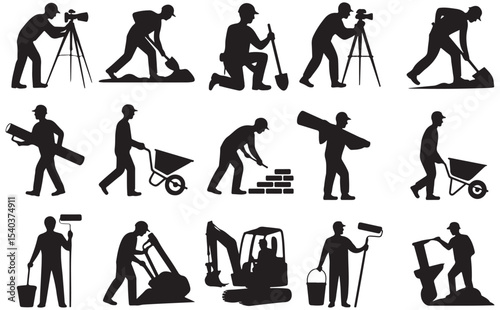 Construction Worker Silhouettes Diverse Tradesmen Icons Set Building Industry.Set of working people silhouettes 
