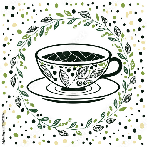 Decorative Tea Cup with Floral Design and Green Leaf Wreath on Black Background