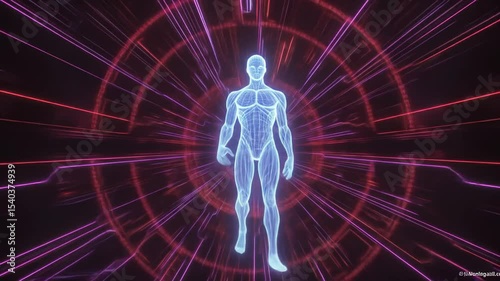 Futuristic Holographic Human Figure Surrounded by Neon Light Vortex in Digital Environment