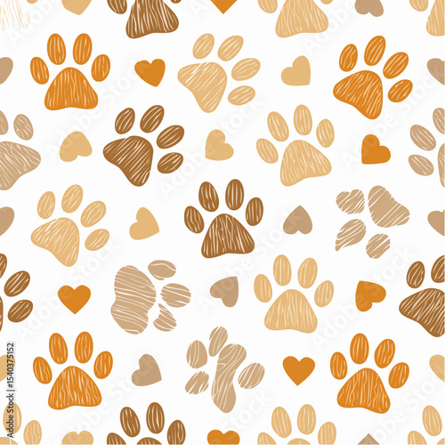 Playful Paw Prints and Hearts Seamless Pattern for Textile Design Animal Lover Theme Sketch Style in Earth Tones