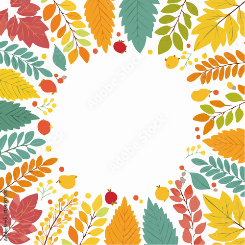 Autumn Leaves and Berries Frame with White Center for Text Overlays, Presentations or Graphic Designs