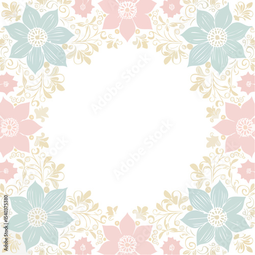 Floral Border Design, Pastel Flowers, Ornate Elements on Black Background for Invitations and Greetings