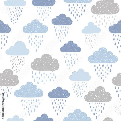 Seamless Pattern with Pastel Clouds and Raindrops on Black Background Whimsical Weather Design for Textile Print and Wallpaper