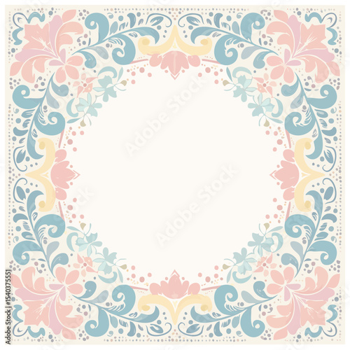 Floral Frame with Pastel Ornament Border: Delicate Circular Design with Pink, Blue, and Yellow Flowers