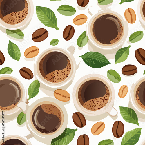 Coffee Cups, Coffee Beans, and Coffee Leaves Seamless Pattern Design on White Background