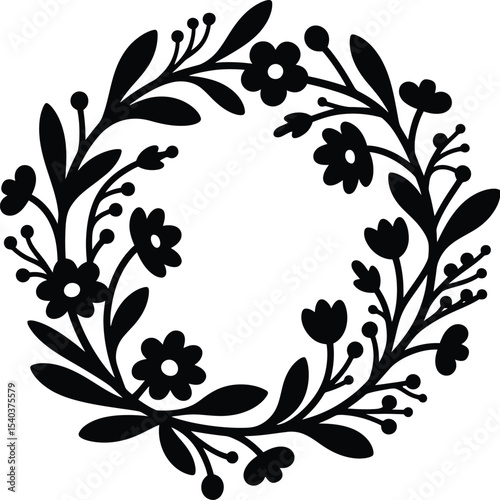 Elegant Floral Wreath Black and White Silhouette Design for Invitations, Cards, and Crafts