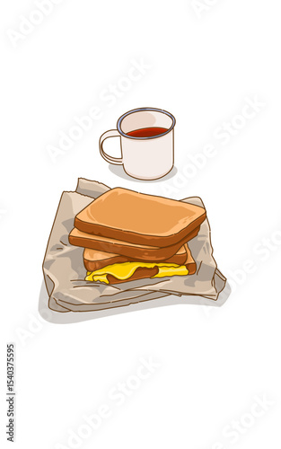 Delicious egg sandwiches on paper and tea in a mug on white background 