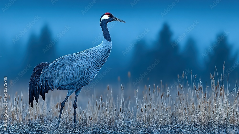 Naklejka premium Elegant crane in a frosted field at dawn.