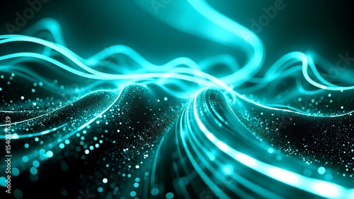 Neon blue light waves flow over a dark, textured surface with glowing particles, creating a futuristic and dynamic digital landscape.