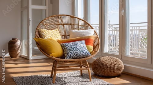 Boho-chic living room a large rattan chair, colorful throw pillows, patterned area rug, soft golden light streaming through