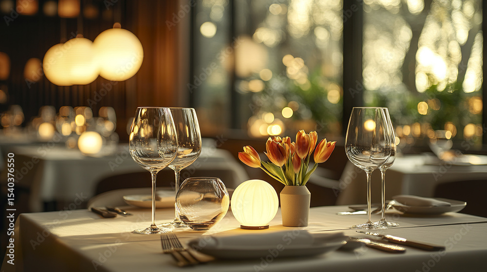 Fototapeta premium Elegant dining interior with tulip centerpiece and soft lighting creates warm atmosphere