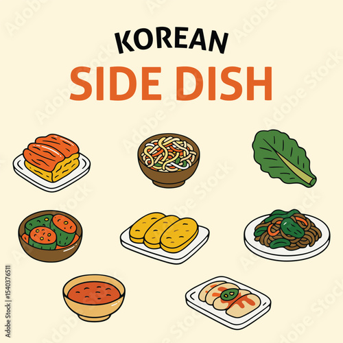 Korean Side Dishes – Colorful Illustration of Traditional Korean Banchan Including Kimchi, Pickles, Namul, and Other Appetizers