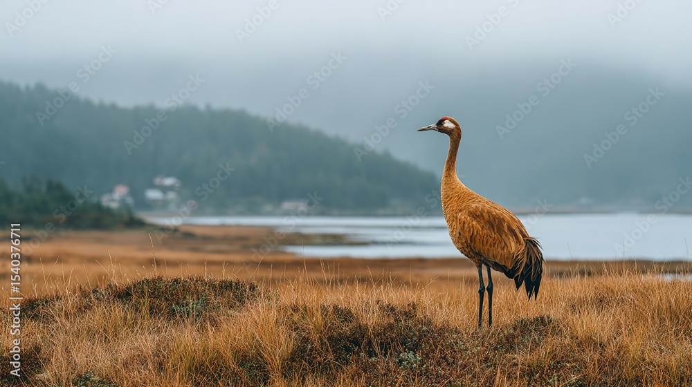 Fototapeta premium Crane standing in a field of golden grasses overlooking a body of water.