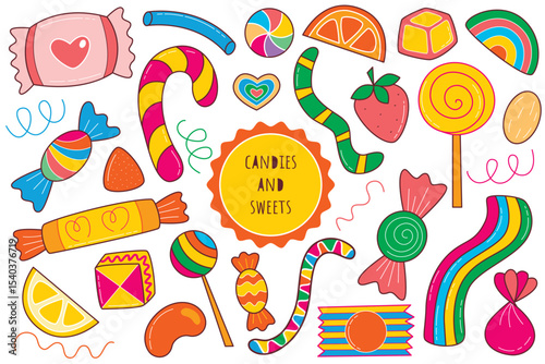 Sweets and candies bright colorful set. Caramel, candies, truffle, marmalade, chocolate bars clip art. Collection of yummy things for birthday or kids, vector elements