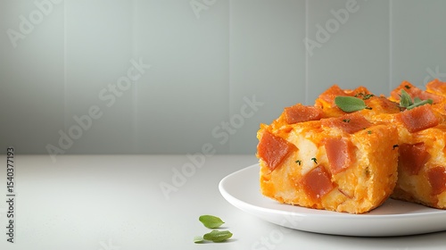 Delicious slices of savory breakfast casserole, perfectly baked and garnished with fresh herbs, served on a clean white plate ready for a delightful morning meal.
