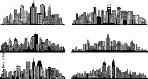 Collection of six black and white city skyline silhouettes against a white background vector graphic