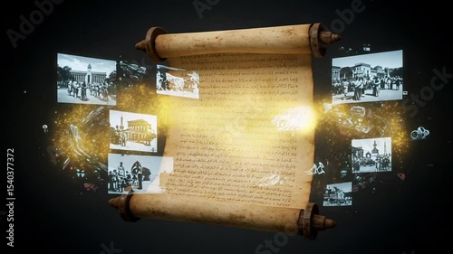 Ancient scroll with historical images floating around