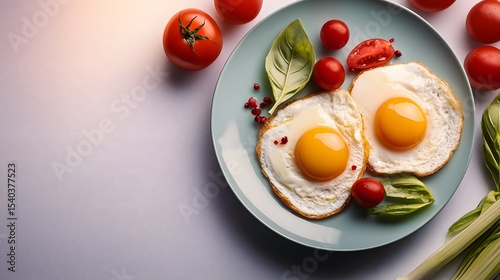A vibrant overhead shot showcases a delightful artistic arrangement of fried eggs, cherry tomatoes, and fresh basil leaves on a teal plate, creating a mouthwate image perfect