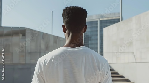 Rear view of a person wearing a white t-shirt outdoors.